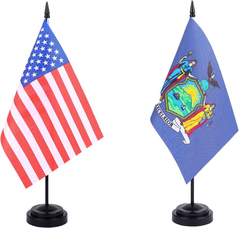 WXTWK 2 Pack USA New York Flag New York State Desk Flag Set - Mini Small New York Table Office Flags with Black 12" Solid Pole Stand Base Classroom Meeting Desktop Decorations - Image 1